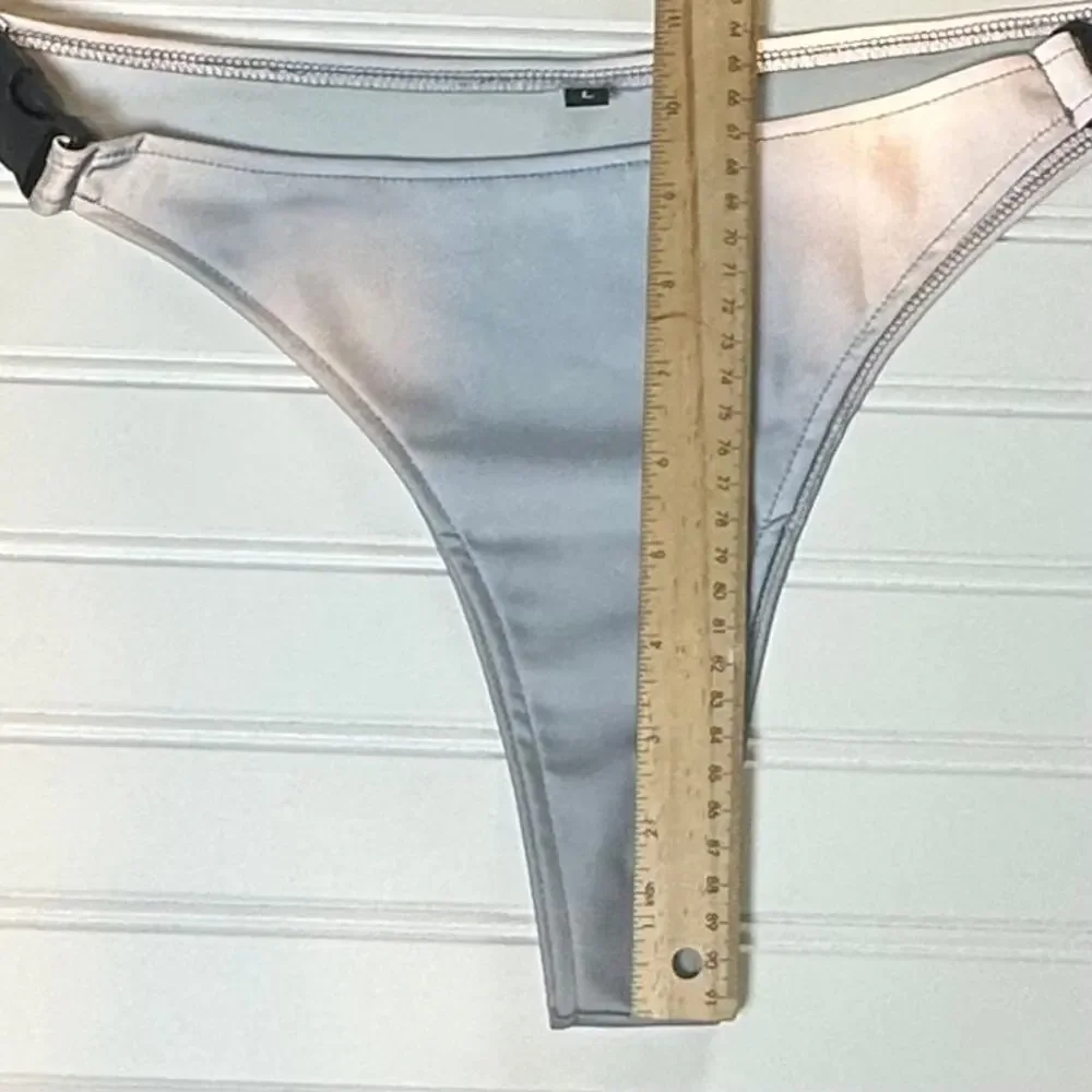 Women 2 Piece Swimsuit Reflective Silver Bikini Set Large Buckle Strap High Cut - Picture 7 of 11